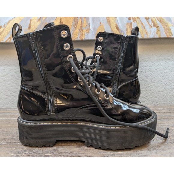 H&M Divided Black Patent Platform Combat Boots Womens 7 Chunky Goth Grunge Y2K - Picture 5 of 8
